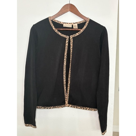 Apostrophe Sweaters - Vintage Y2K Apostrophe Black Cardigan Leopard Trim Cotton Womens Medium
